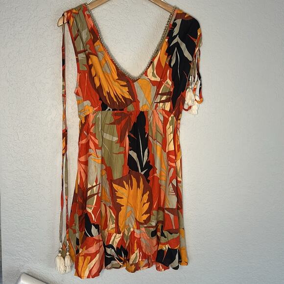 True Destinations Resort Mini Dress Vacation Hawaiian Empire Gold Studs Tropical - Picture 7 of 8